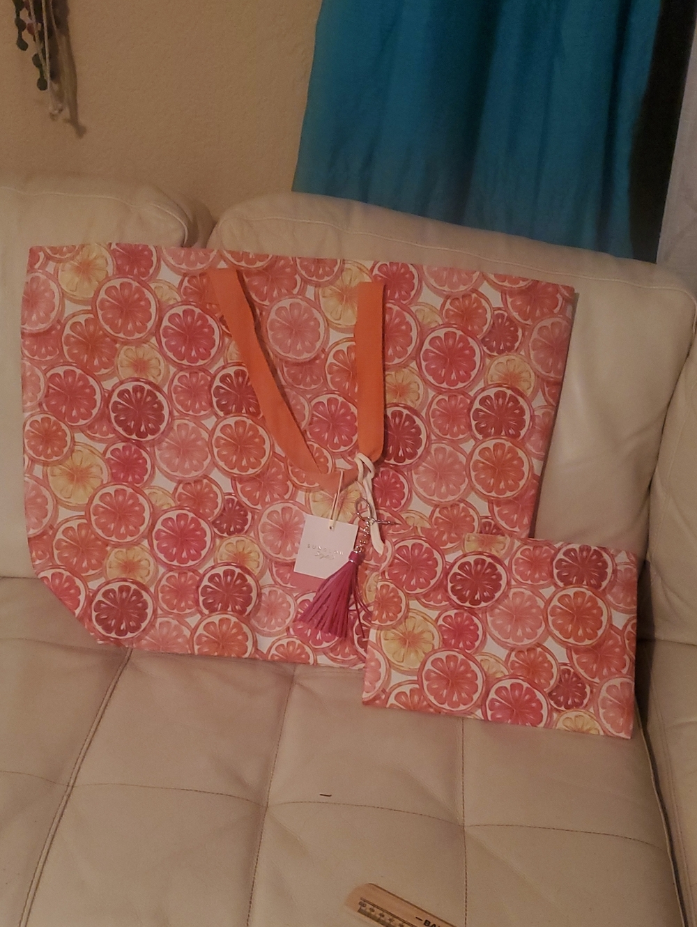 Pink Citrus Print Tote Bag with Matching Pouch